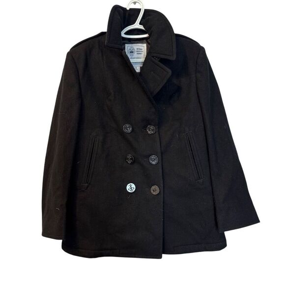 Men's Black Wool Pea Coat Size 12R Double-Breasted US Navy Style - Picture 1 of 5